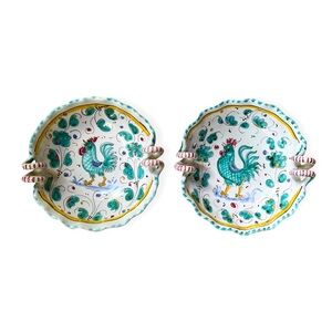 Set of 2 Deruta Majolica Vintage Orvieto Green Rooster Bowls